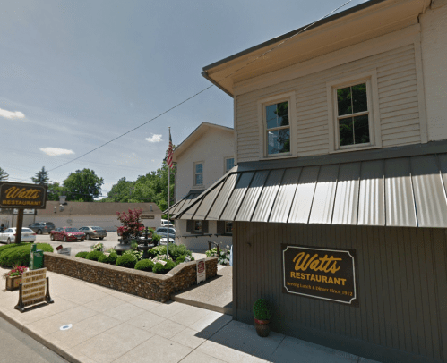 Exterior view of Watts Restaurant, featuring a sign, landscaped area, and a clear blue sky.