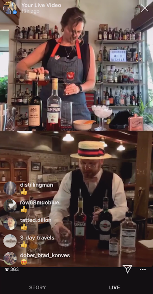 A split-screen live video of two bartenders mixing cocktails, surrounded by bottles and bar tools.