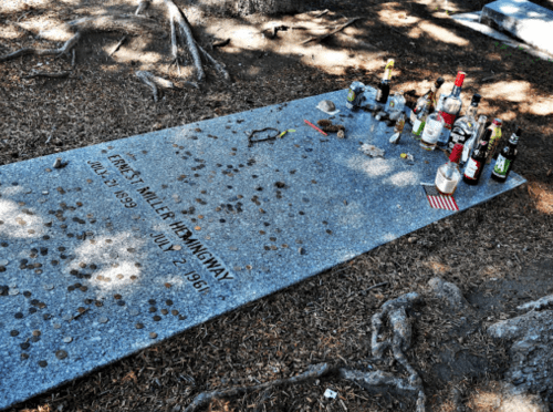 Grave of Ernest Hemingway, marked with coins and bottles, surrounded by tree roots and sunlight.
