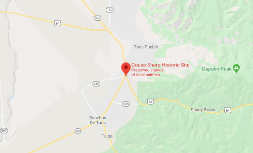 Map showing the location of Couse-Sharp Historic Site near Taos, New Mexico, with nearby roads and landmarks.