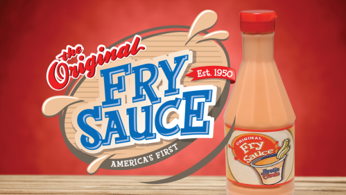 A bottle of Fry Sauce with a retro label, set against a red background featuring the brand logo.