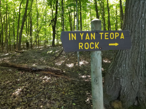 A wooden sign in a forest points to "IN YAN TEOPA ROCK" with an arrow indicating the direction.