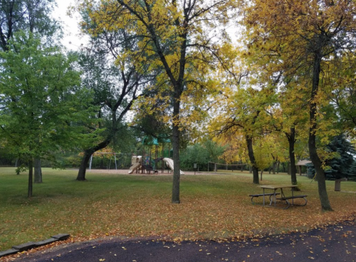A park scene with colorful autumn trees, a playground in the background, and a picnic table on a leaf-covered ground.