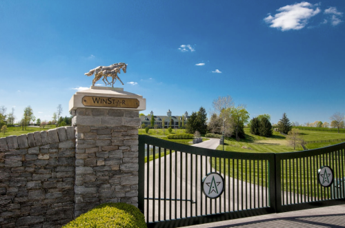 A stone entrance gate with a horse statue, leading to a lush green landscape and buildings under a clear blue sky.