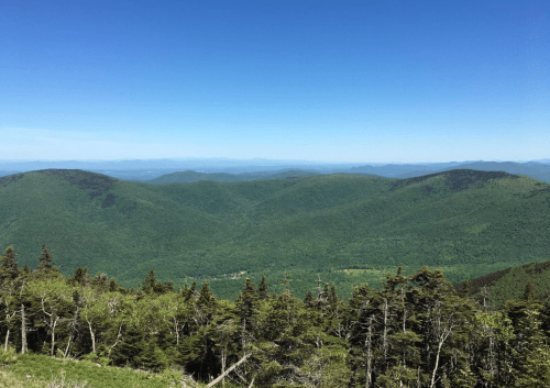 A panoramic view of lush green mountains under a clear blue sky, showcasing rolling hills and distant peaks.