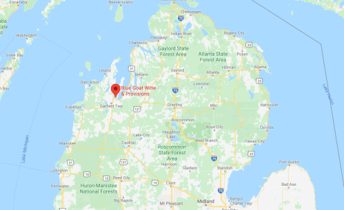 Map of Michigan highlighting the location of Blue Goat Wine & Provisions in the northwest region.