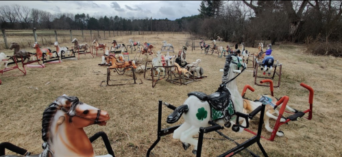 A field with numerous vintage rocking horses arranged in rows, surrounded by trees and cloudy skies.