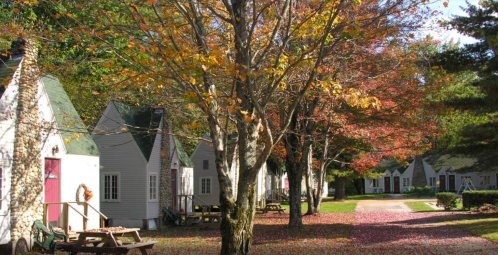 Charming cabins lined along a path, surrounded by colorful autumn trees and fallen leaves.