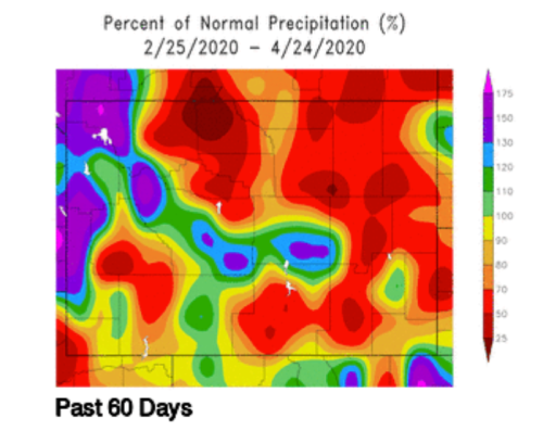 Map showing percent of normal precipitation from 2/25/2020 to 4/24/2020, with color gradients indicating varying levels.