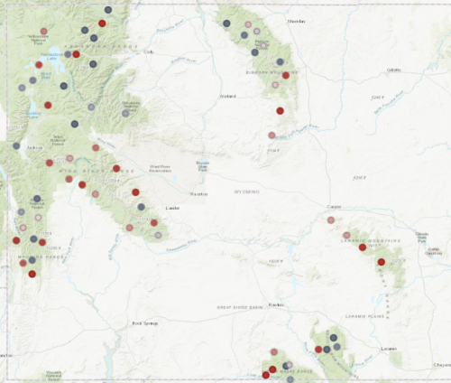 Map of Wyoming showing various locations marked with red and gray dots, indicating specific data points or features.