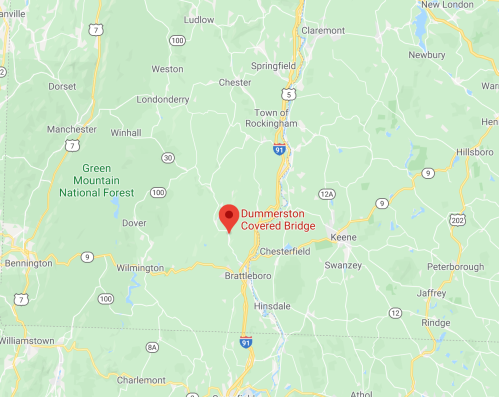 Map showing the location of Dummerston Covered Bridge in Vermont, near Brattleboro and Wilmington.
