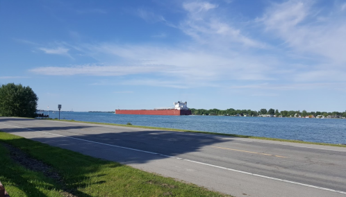 A large cargo ship sails on a calm river, with a clear blue sky and green trees lining the shore.