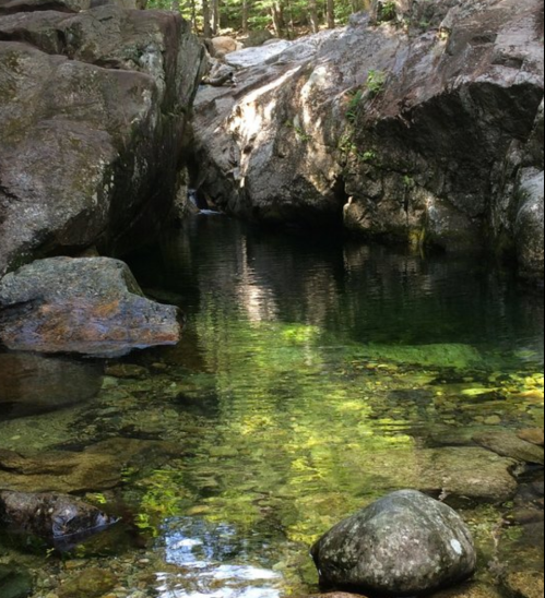 A serene natural pool surrounded by rocks and trees, with clear green water reflecting sunlight.