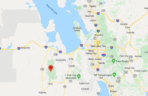 Map showing the area around Great Salt Lake, Utah, highlighting locations like Grantsville, Tooele, and Terra.