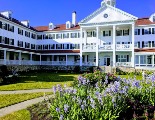 A large white building with a porch, surrounded by green grass and blooming purple flowers under a clear blue sky.
