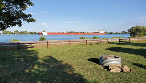 A large cargo ship sails on a river, with a grassy area and fire pit in the foreground and trees lining the shore.