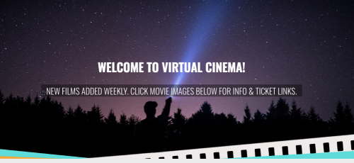 A person points a flashlight at a starry sky, with text welcoming viewers to virtual cinema and promoting new films.