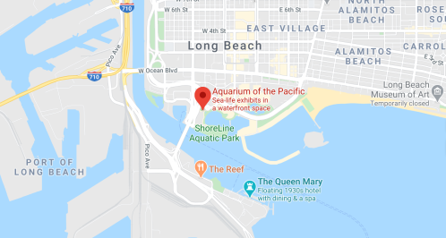 Map showing the location of the Aquarium of the Pacific in Long Beach, California, near waterfront attractions.