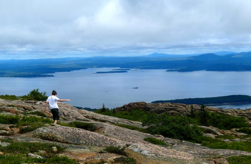 A person walks along rocky terrain overlooking a vast lake and distant mountains under a cloudy sky.