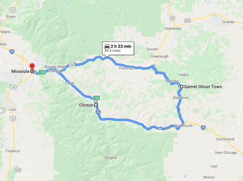 Map showing a route from Missoula to Garnet Ghost Town, passing through Clinton and Beartown, covering 89.4 miles.