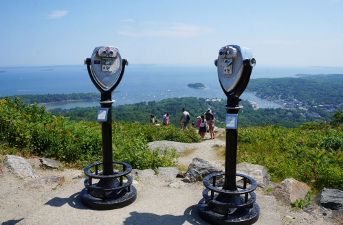 Two coin-operated binoculars overlook a scenic view of a bay and distant boats, with people walking along a path.