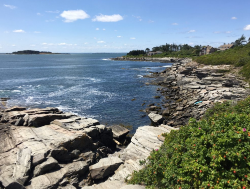 A rocky coastline with calm blue waters, greenery, and a clear sky dotted with clouds.