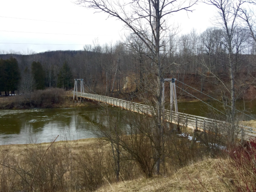 A suspension bridge spans a river, surrounded by bare trees and grassy banks under a cloudy sky.