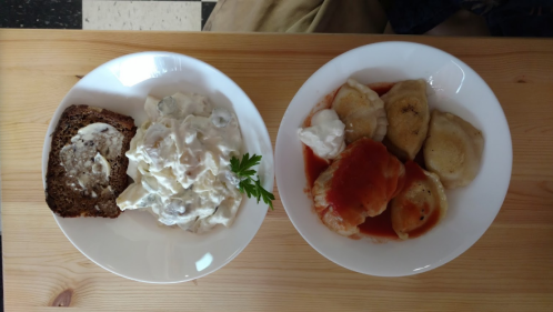 A wooden table with two white plates: one with potato dumplings in sauce and the other with salad and dark bread.