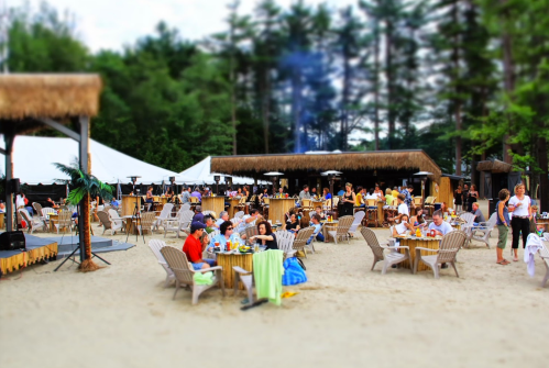 A lively beach scene with people dining at tables, surrounded by trees and tents, enjoying a sunny day.