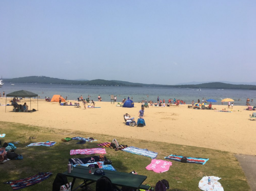 A busy beach scene with people swimming, sunbathing, and colorful umbrellas on a sandy shore by a lake.