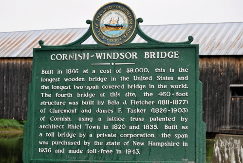 Historical marker for Cornish-Windsor Bridge, detailing its construction and significance as the longest wooden bridge in the U.S.