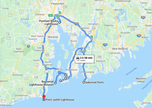 Map showing a route connecting Point Judith Lighthouse, Beavertail Lighthouse Museum, and Pomham Rocks Lighthouse.