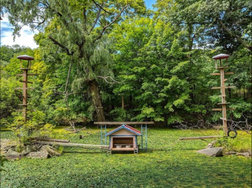 A colorful birdhouse surrounded by lush greenery and trees, with wooden posts and a serene, natural setting.