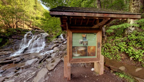 A wooden information kiosk near a waterfall, surrounded by lush green trees and rocky terrain.