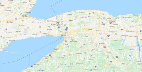 Map showing the area around Niagara Falls, including parts of Ontario and New York, with major cities labeled.