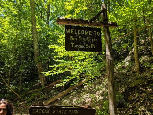 A wooden sign welcomes visitors to Taconic State Park, surrounded by lush green trees.