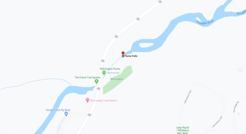 Map showing Flume Falls near Wilmington, with nearby landmarks like the Flume Trail System and Hungry Trout Resort.