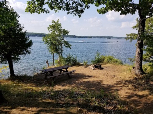A serene lakeside scene featuring a picnic table, fire pit, and boats on the water, surrounded by trees.