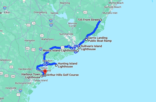 Map showing a route along the coast, highlighting lighthouses and locations in South Carolina and Georgia.