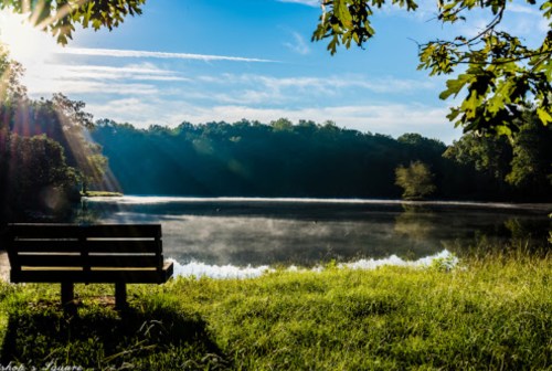 A serene lake scene at sunrise, with mist rising from the water and a bench overlooking the tranquil landscape.
