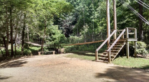A wooden suspension bridge connects to a platform, surrounded by lush green trees in a forested area.
