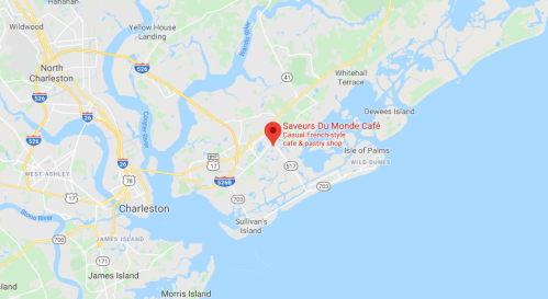 Map showing the location of Saveurs Du Monde Café, a casual French-style café and pastry shop near Charleston, SC.
