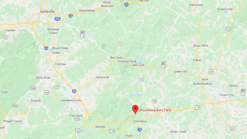 Map showing the location of Shunkawauken Falls near Columbus, North Carolina, with surrounding towns and landmarks.