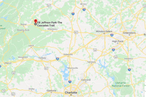 Map showing the location of EB Jeffress Park and The Cascades Trail in North Carolina, near Boone and Lenoir.