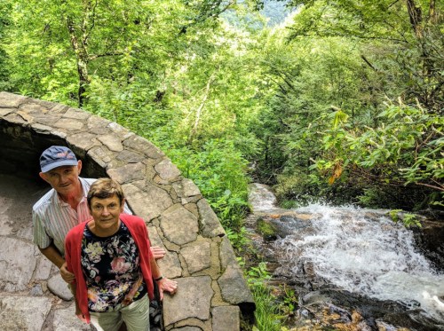 A couple stands on a stone path by a flowing stream, surrounded by lush green trees and foliage.