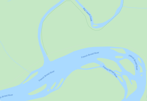Map showing the French Broad River and Big Laurel Creek, with light green land and blue water features.