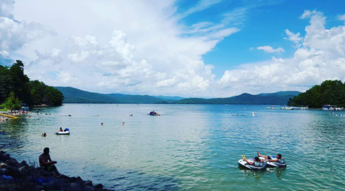 A serene lake scene with people swimming and boating, surrounded by lush green trees and a blue sky with clouds.