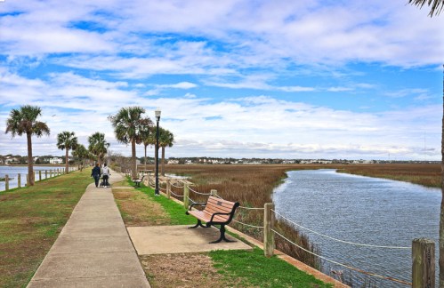 A scenic walkway by a marsh, featuring palm trees, a bench, and people walking a dog under a partly cloudy sky.