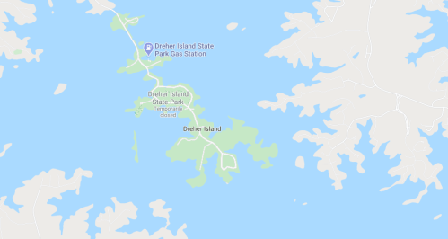 Map of Dreher Island State Park, showing land and water features, with a note about the park's temporary closure.