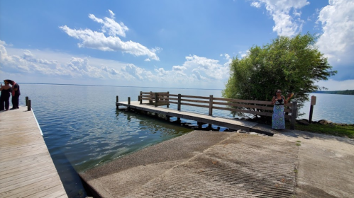 A serene lakeside scene with a wooden dock, a woman in a patterned dress, and a lush tree under a blue sky.